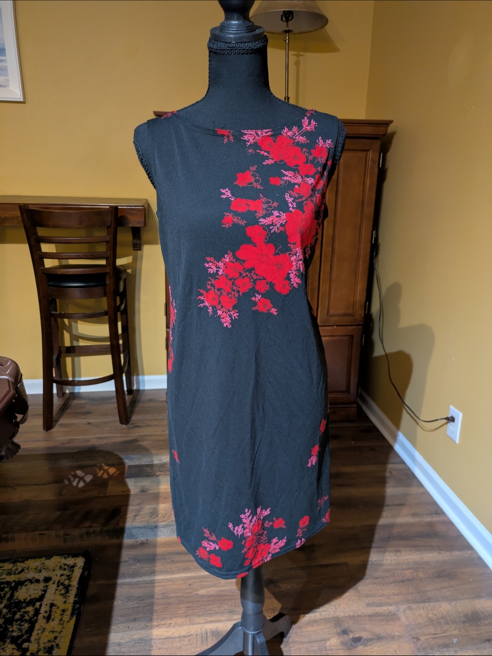 Black Sleeveless Mini Dress with Red Floral Accents